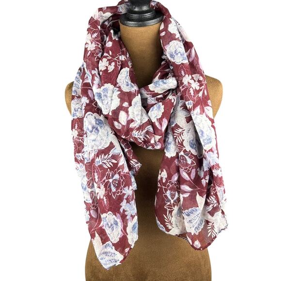 Maroon Lightweight Floral Scarf – Versatile Wrap & Head Wrap, One Size - Picture 3 of 3